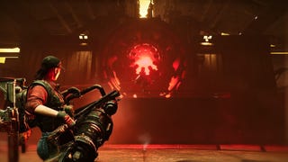 A woman with a huge lowslung cannon aiming at a big glowy red aperture in Once Human