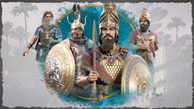 Some character art for Total War: Pharaoh's Dynasties update, showing men in helmets with gold shields and the biggest beards you ever saw, just the most fantastic beards