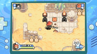 A 2D character fighting through a sandy area with ruins and a treasure chest in Game Boy Advance-inspired RPG Tako no Himitsu: Ocean of Secrets