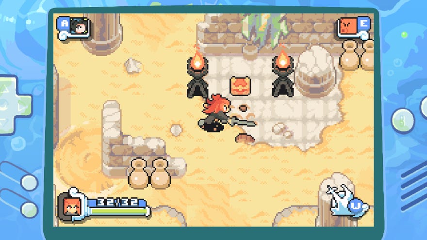 A 2D character fighting through a sandy area with ruins and a treasure chest in Game Boy Advance-inspired RPG Tako no Himitsu: Ocean of Secrets