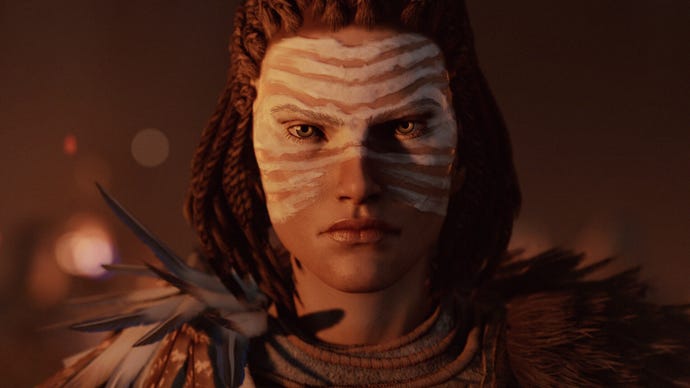 A woman with white stripey face paint in Greedfall 2