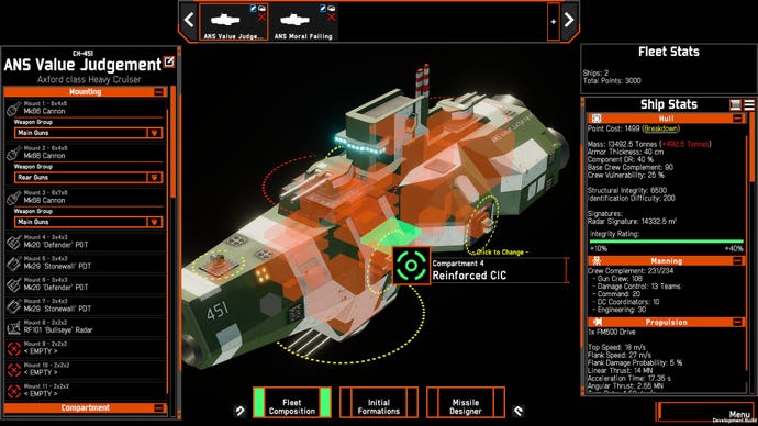 A screenshot of a starship editing menu in Nebulous: Fleet Command