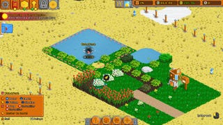 A gnome garden of ponds and flowerbeds on a dead planet in Horticular, represented in isometric pixelart 2D