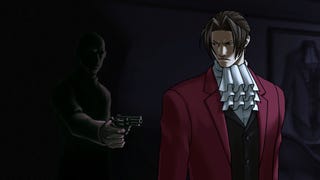 Miles Edgeworth stands, looking stern, as a figure in shadow behind him points a gun at him.