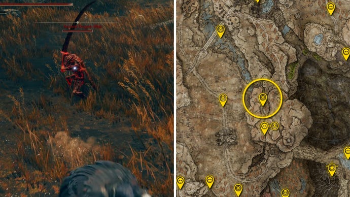 Two Elden Ring: Shadow Of The Erdtree screenshots side by side. Left: a screenshot of the player fighting the Ancient Dragon-Man invasion boss. Right: the location of that boss on the map.