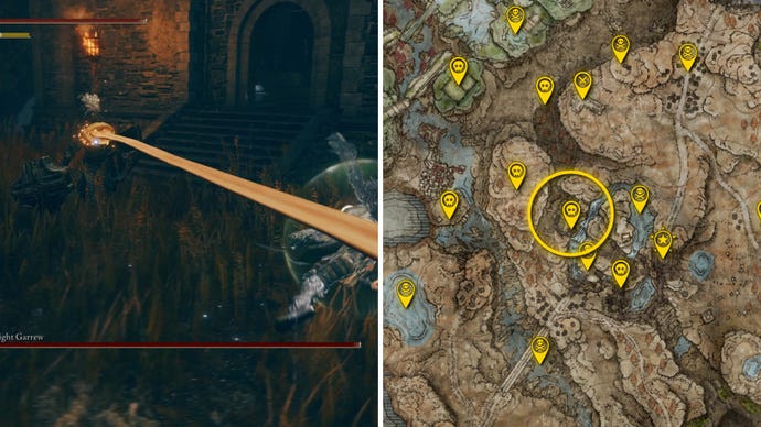 Two Elden Ring: Shadow Of The Erdtree screenshots side by side. Left: a screenshot of the player fighting the Black Knight Garrew boss. Right: the location of that boss on the map.