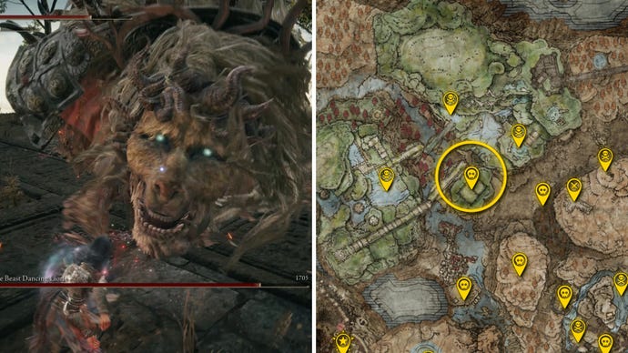 Two Elden Ring: Shadow Of The Erdtree screenshots side by side. Left: a screenshot of the player fighting the Divine Beast Dancing Lion boss. Right: the location of that boss on the map.