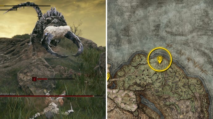 Two Elden Ring: Shadow Of The Erdtree screenshots side by side. Left: a screenshot of the player fighting the Fallingstar Beast boss. Right: the location of that boss on the map.