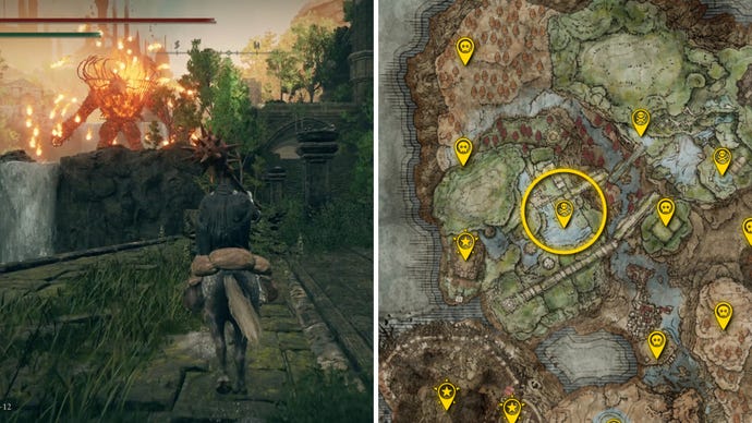 Two Elden Ring: Shadow Of The Erdtree screenshots side by side. Left: a screenshot of the player fighting the Furnace Golem boss. Right: the location of that boss on the map.