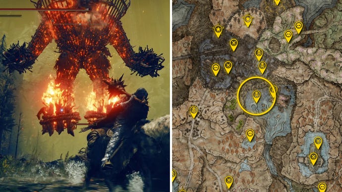 Two Elden Ring: Shadow Of The Erdtree screenshots side by side. Left: a screenshot of the player fighting the Furnace Golem boss. Right: the location of that boss on the map.