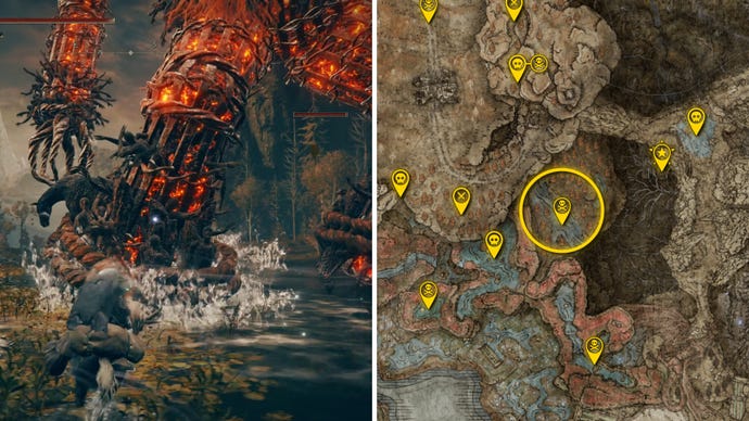 Two Elden Ring: Shadow Of The Erdtree screenshots side by side. Left: a screenshot of the player fighting the Furnace Golem boss. Right: the location of that boss on the map.