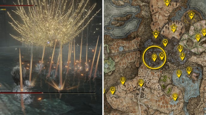 Two Elden Ring: Shadow Of The Erdtree screenshots side by side. Left: a screenshot of the player fighting the Golden Hippopotamus boss. Right: the location of that boss on the map.