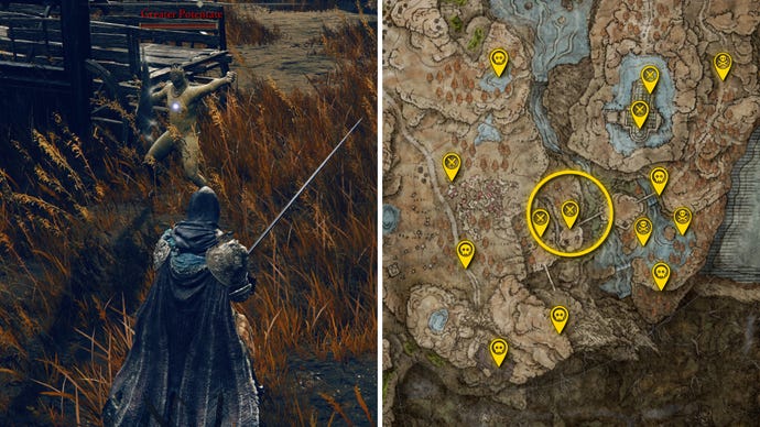 Two Elden Ring: Shadow Of The Erdtree screenshots side by side. Left: a screenshot of the player fighting the Greater Potentate boss. Right: the location of that boss on the map.