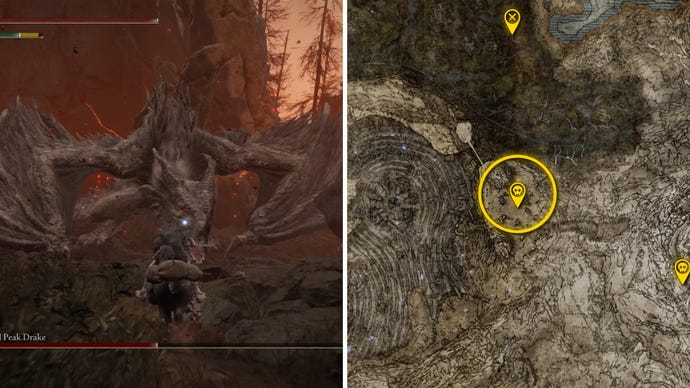 Two Elden Ring: Shadow Of The Erdtree screenshots side by side. Left: a screenshot of the player fighting the Jagged Peak Drake boss. Right: the location of that boss on the map.