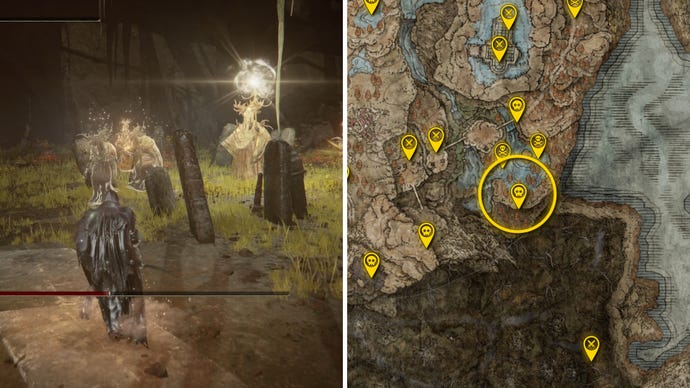 Two Elden Ring: Shadow Of The Erdtree screenshots side by side. Left: a screenshot of the player fighting the Jori, Elder Inquisitor boss. Right: the location of that boss on the map.