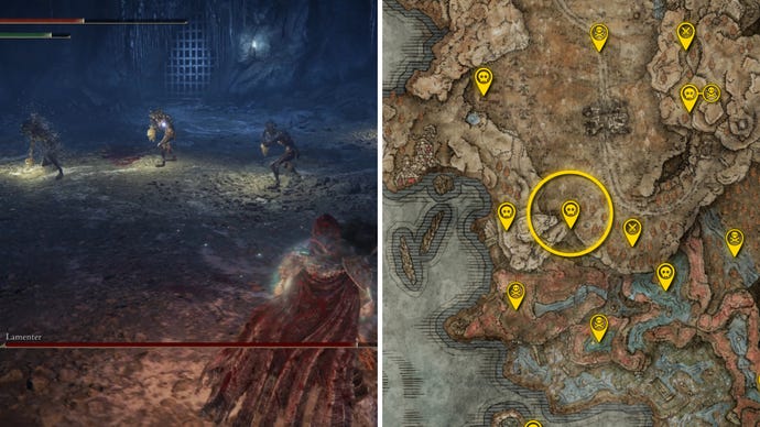 Two Elden Ring: Shadow Of The Erdtree screenshots side by side. Left: a screenshot of the player fighting the Lamenter boss. Right: the location of that boss on the map.