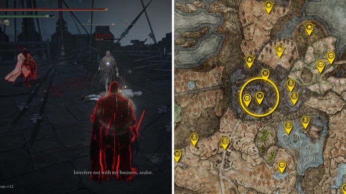 Two Elden Ring: Shadow Of The Erdtree screenshots side by side. Left: a screenshot of the player fighting the Leda vs Hornsent boss. Right: the location of that boss on the map.