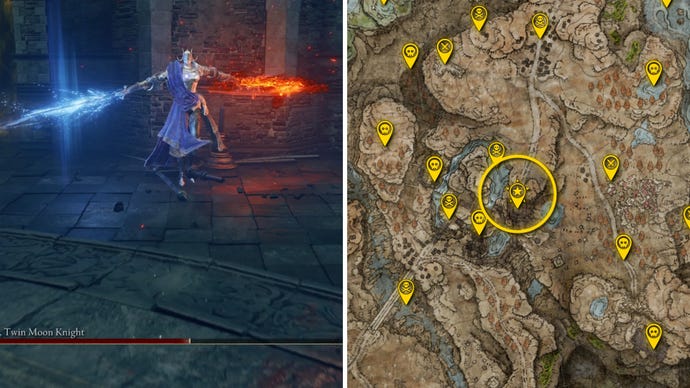 Two Elden Ring: Shadow Of The Erdtree screenshots side by side. Left: a screenshot of the player fighting the Rellana Twin Moon Knight boss. Right: the location of that boss on the map.