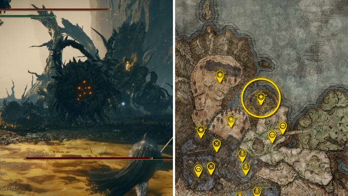 Two Elden Ring: Shadow Of The Erdtree screenshots side by side. Left: a screenshot of the player fighting the Scadutree Avatar boss. Right: the location of that boss on the map.