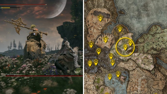 Two Elden Ring: Shadow Of The Erdtree screenshots side by side. Left: a screenshot of the player fighting the Tree Sentinel boss. Right: the location of that boss on the map.