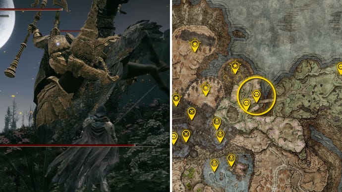 Two Elden Ring: Shadow Of The Erdtree screenshots side by side. Left: a screenshot of the player fighting the Tree Sentinel boss. Right: the location of that boss on the map.