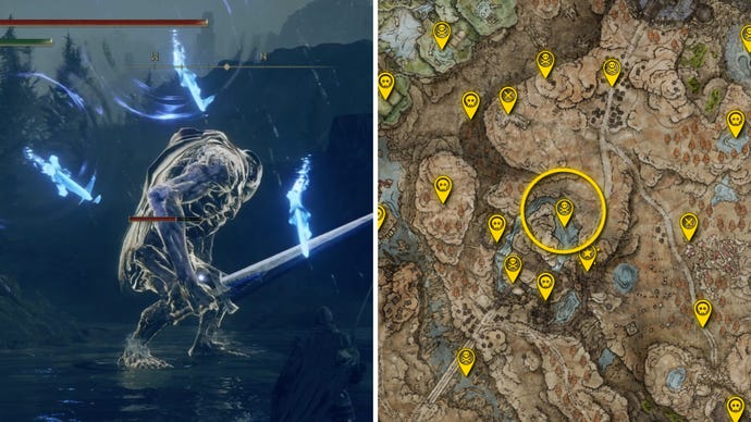 Two Elden Ring: Shadow Of The Erdtree screenshots side by side. Left: a screenshot of the player fighting the Troll Knight Apparition boss. Right: the location of that boss on the map.