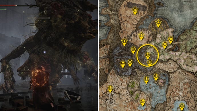 Two Elden Ring: Shadow Of The Erdtree screenshots side by side. Left: a screenshot of the player fighting the Ulcerated Tree Spirit boss. Right: the location of that boss on the map.