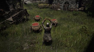 The player character in Elden Ring standing in front of four small pot-boy style pots with little arms.