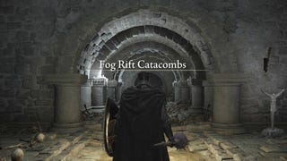 A screenshot showing the entrance of the Fog Rift Catacombs in Elden Ring: Shadow of the Erdtree.