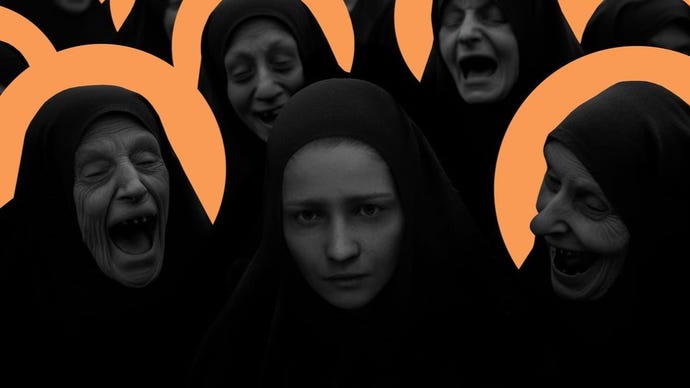 A promotional image for Russian adventure game Indika, showing a young nun looking at the viewer while surrounded by yelling older nuns.