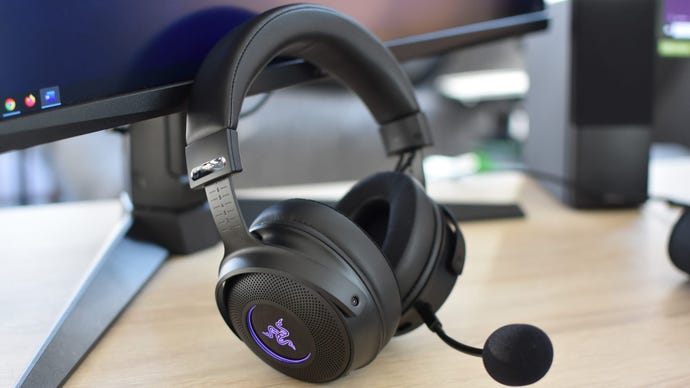 The Razer Kraken V3 Pro gaming headset on a desk.