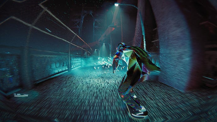 A skateboarder speeds past a chainlink fence.