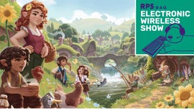 Hobbits having a pastoral and lovely time in key art from Tales Of The Shire, with the Rock Paper Shotgun Electronic Wireless Show podcast logo in the top right corner