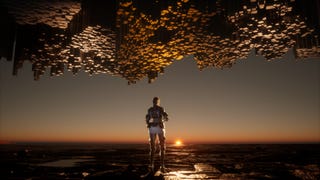 A Descendant agent stands amid a strange, otherworldly metal landscape in a cutscene from The First Descendant.