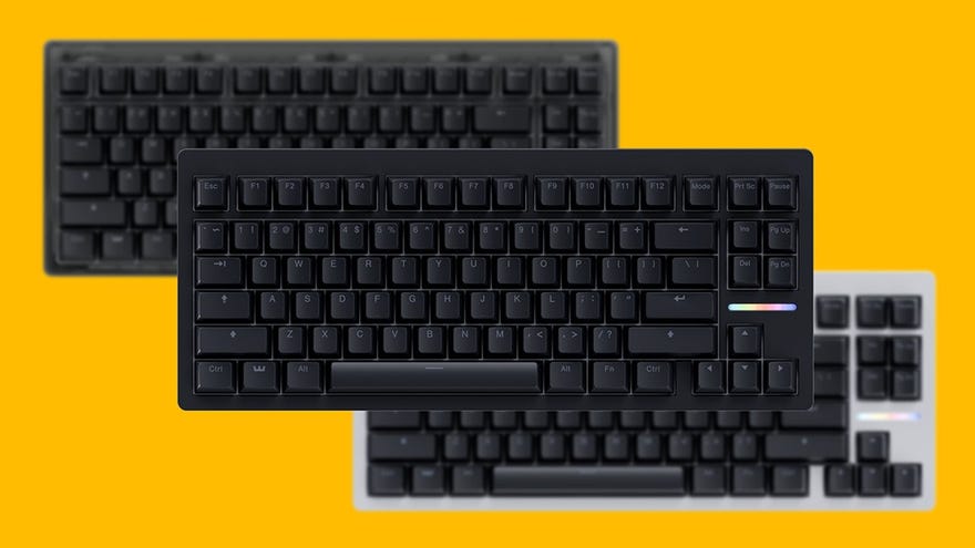 Three colour variations of the Wooting 80HE keyboard against a yellow background.