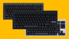 Three colour variations of the Wooting 80HE keyboard against a yellow background.