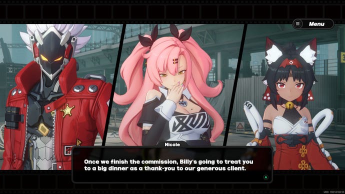 Billy, Nicole, and Nekomata have a conversation while facing the camera.